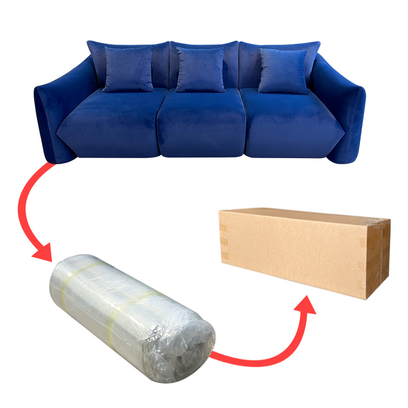 S218-3 OEM Factory Minimalist Blue Fabric 3 Seater Puffy Comfortable Boneless Couch Sponge Filling Compressed Sofa for Living Room