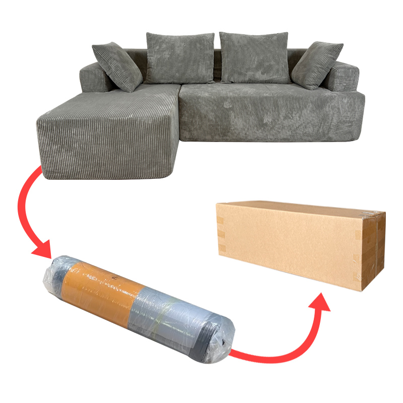 S240 OEM Factory Corduroy Fabric Foam Small Corner L Shape 3 Seater Vacuum Sofa Space Saving Compressed Sectional Sofa