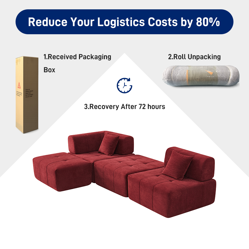 S210 Factory Wholesale Red Velvet L-shaped Sponge Filled Vacuum Packaging Compressed Sofa Segmented Modular Boneless Sofa Set